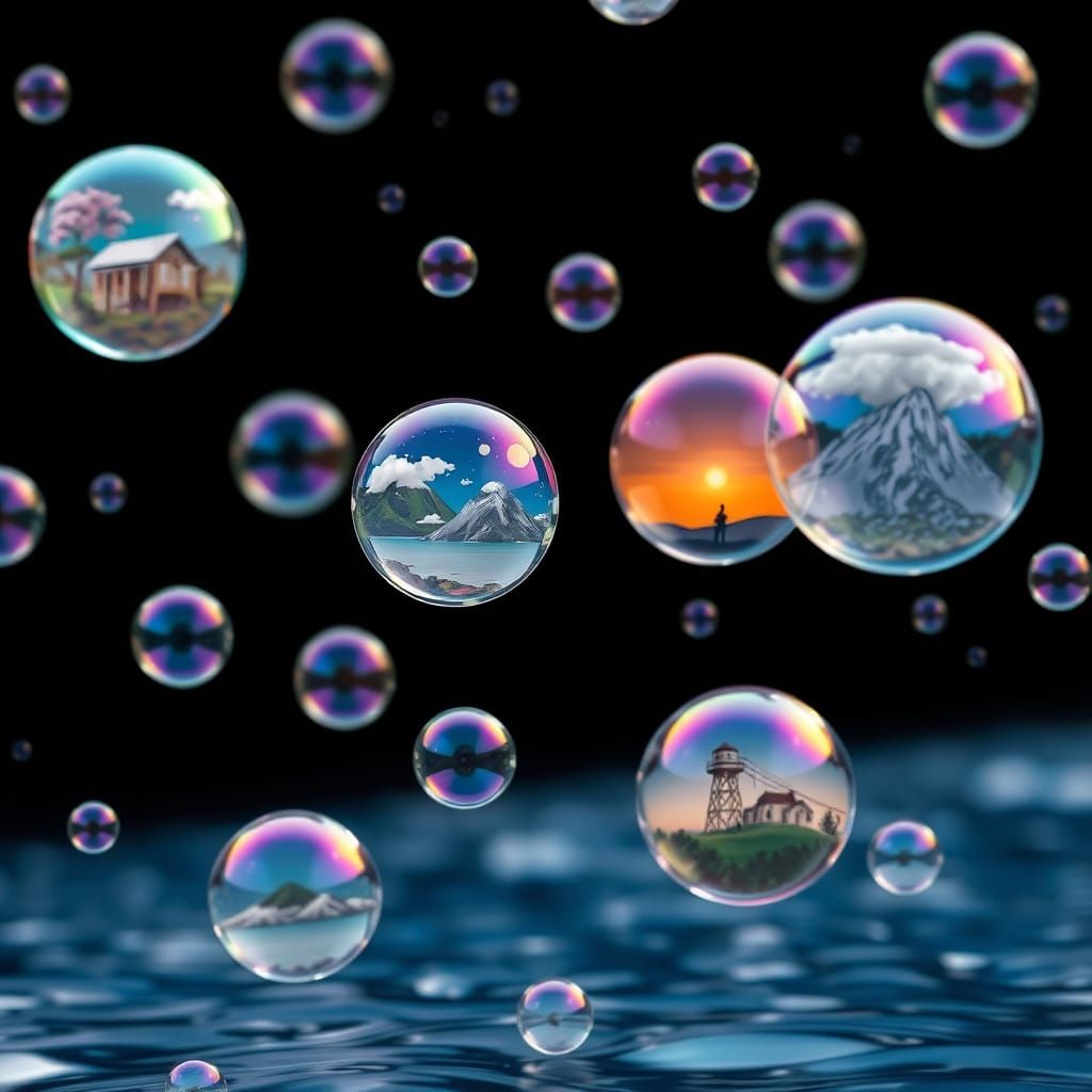 Bubbles Reflecting Miniature Landscapes Over the Sea