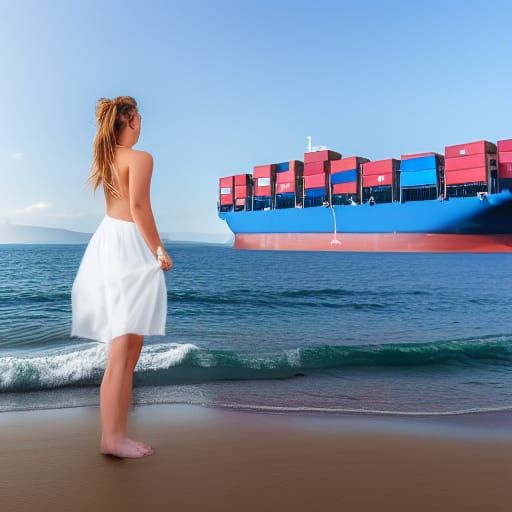 Woman on Beach Watching Cargo Ship