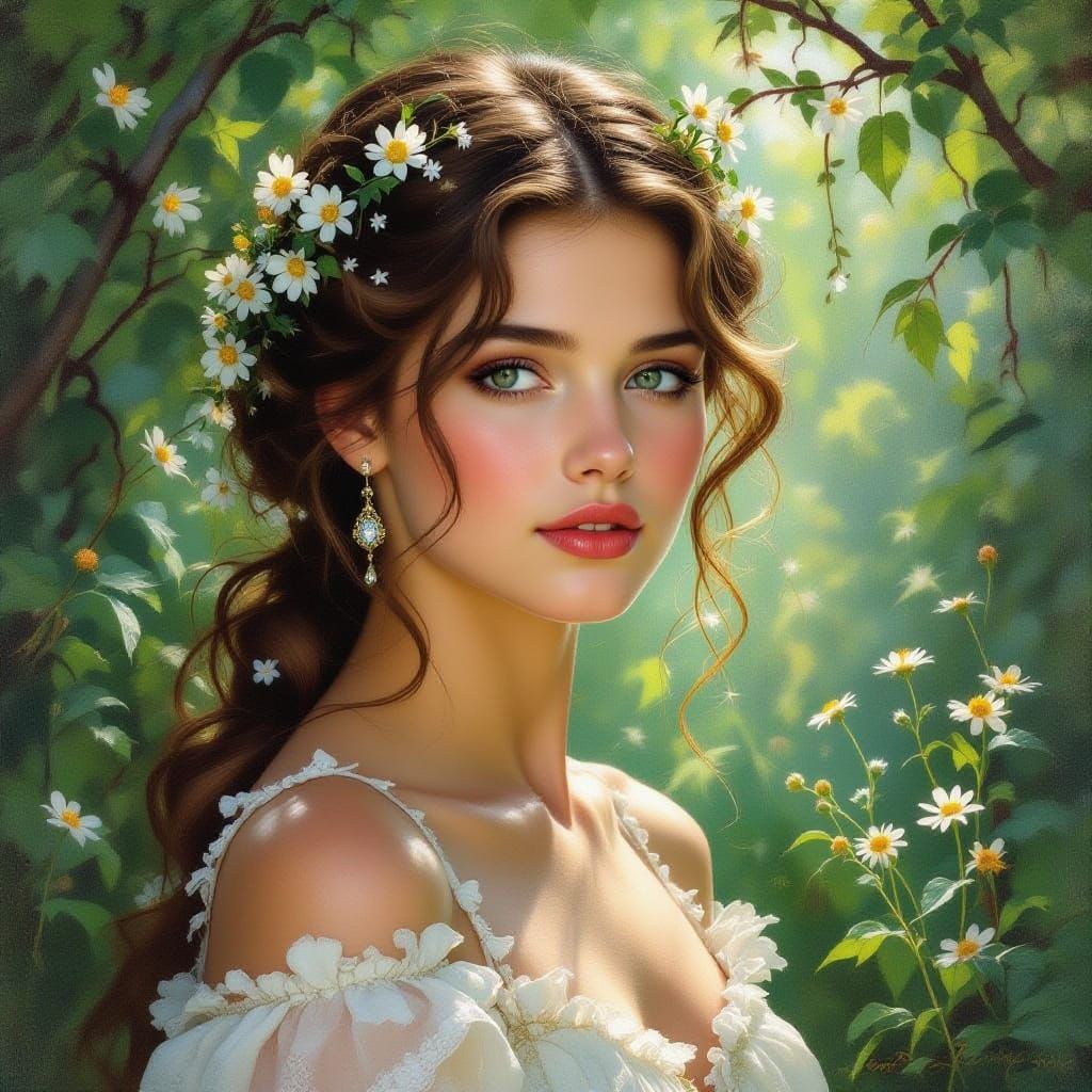 Young Actress Adorned with Wildflowers in Ethereal Forest