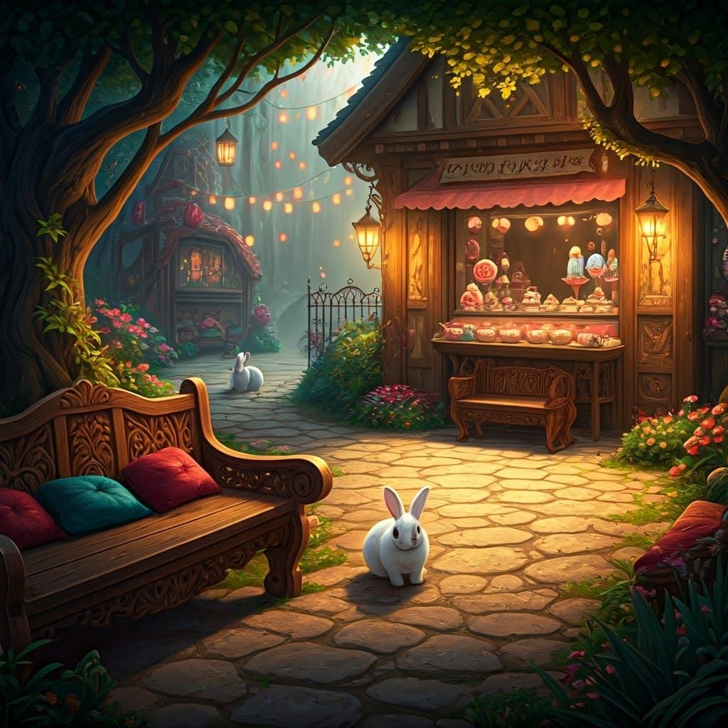 Whimsical Garden Oasis with Cozy Benches and Playful Bunnies
