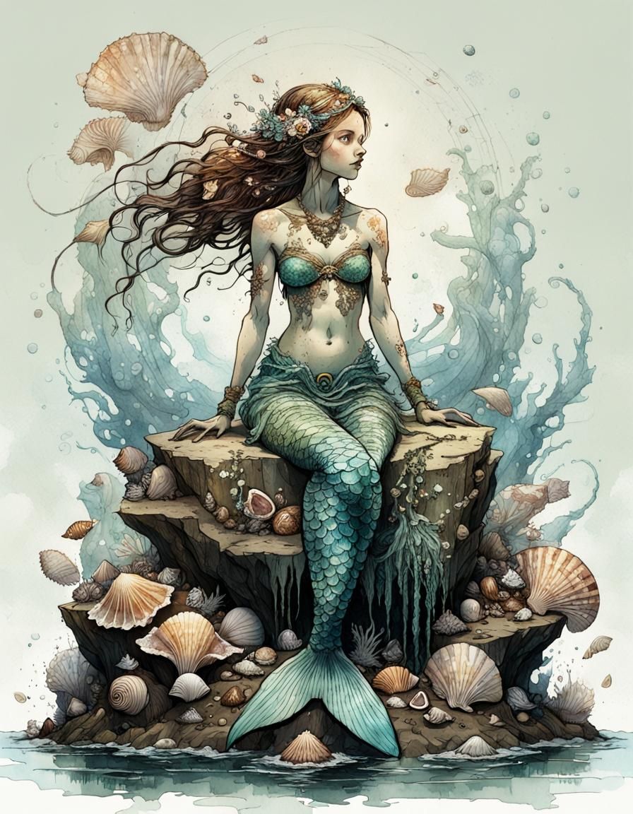 "a masterpiece of a Mermaid sitting on a rock, symmetrical b...