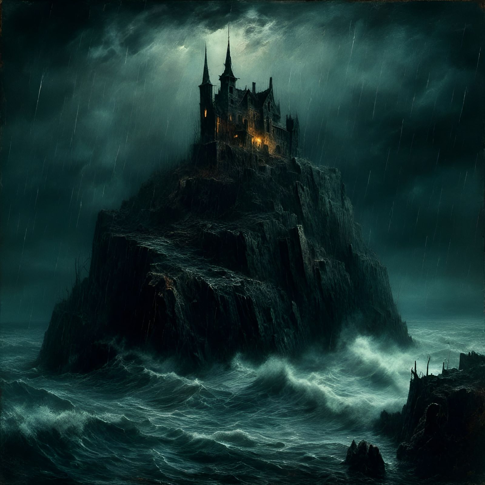 Eerie Haunted Castle on Cliff in Macabre Style