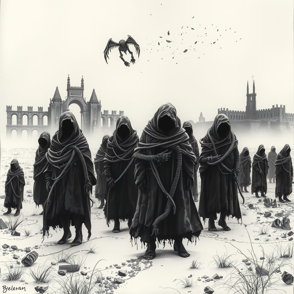 Monochrome Surreal Landscape with Faceless Figures