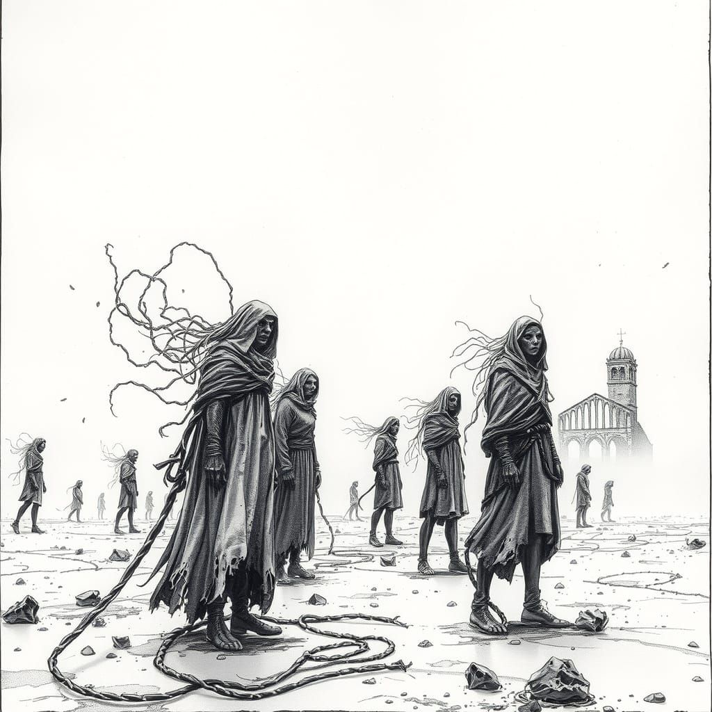 Monochrome Ink Surrealism: Ghostly Figures in a Ruined Lands...