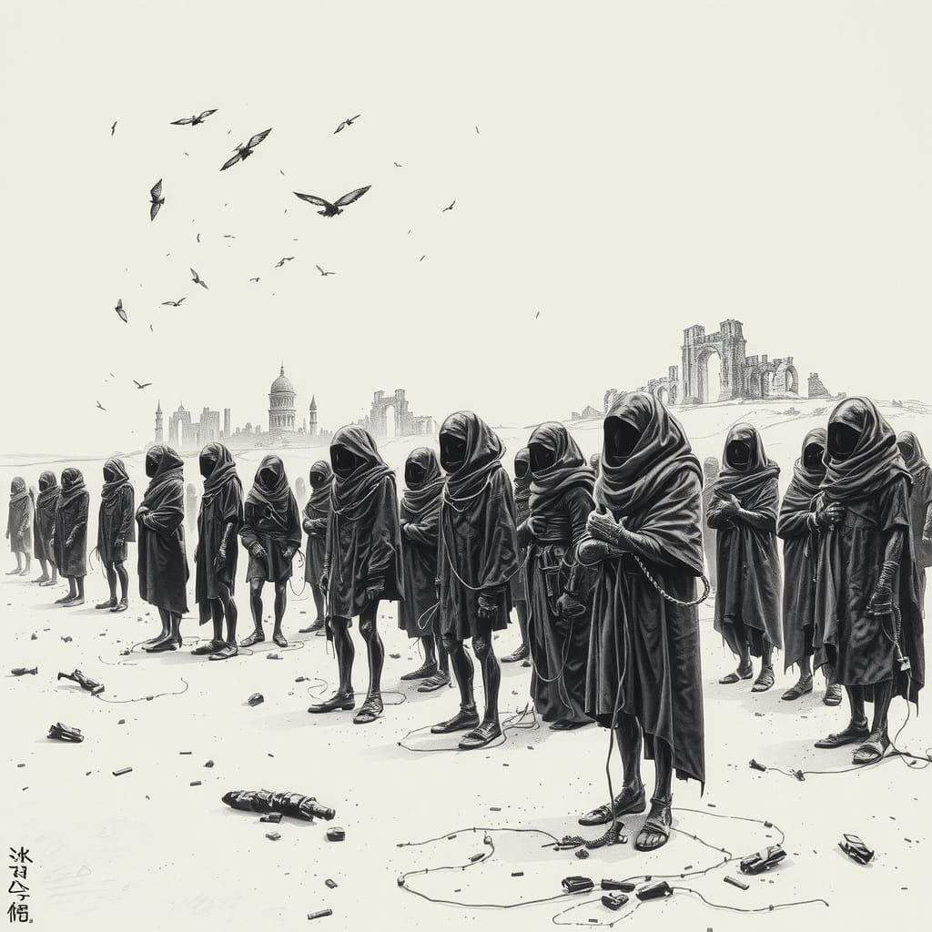 Surreal Monochrome Landscape with Faceless Figures and Biome...