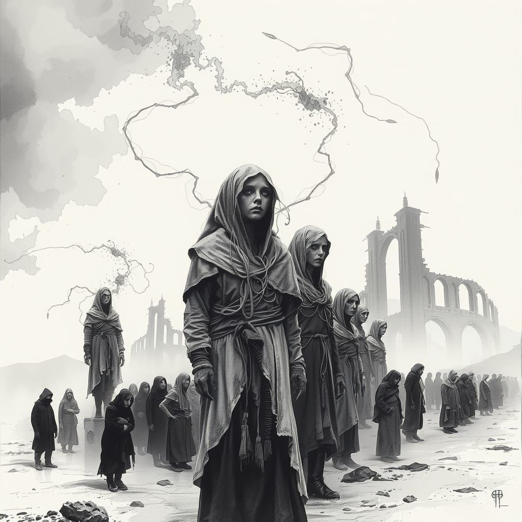 Monochrome Surreal Ink Drawing of Faceless Figures