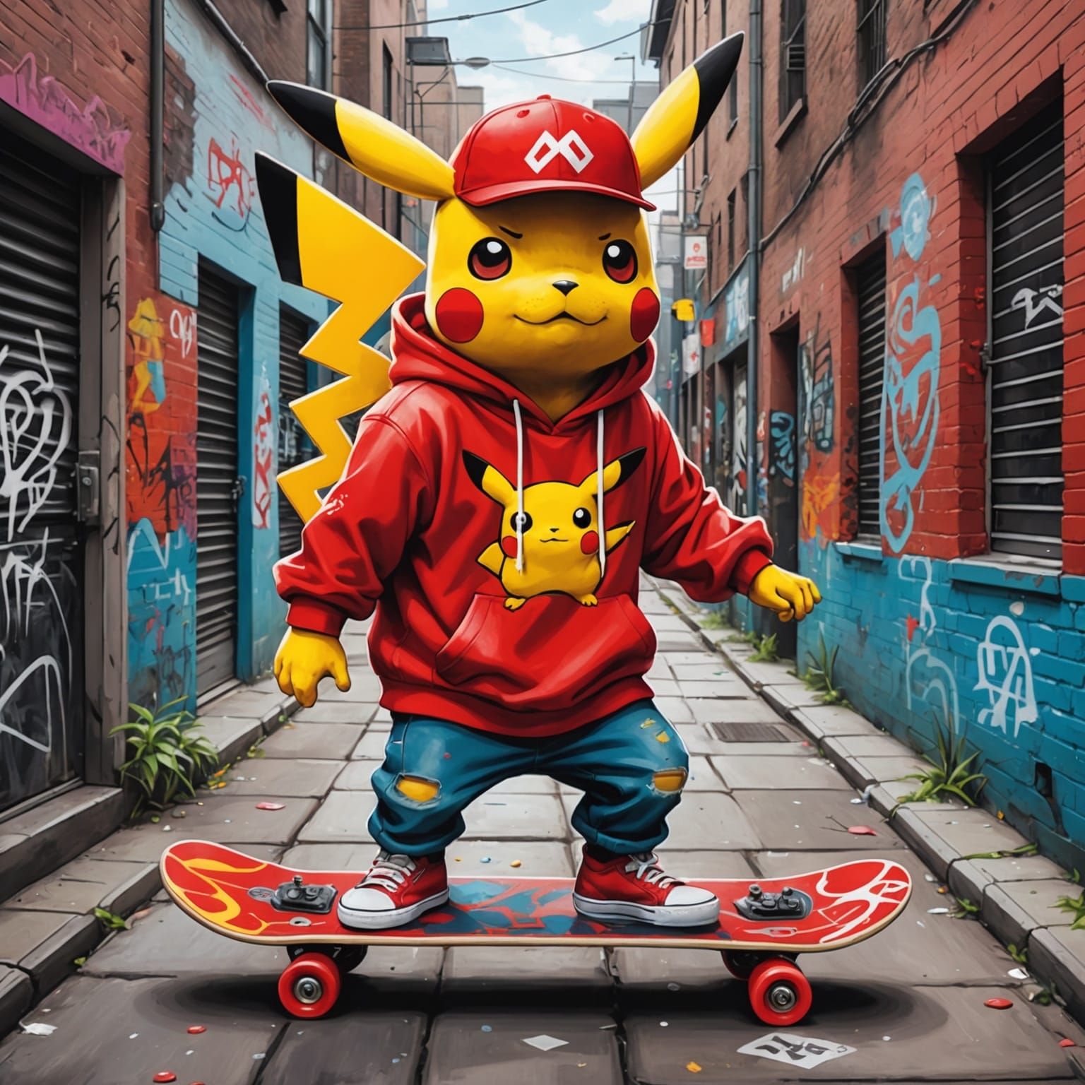 Pikachu Skateboarding in Graffiti Alley with Red Hoodie