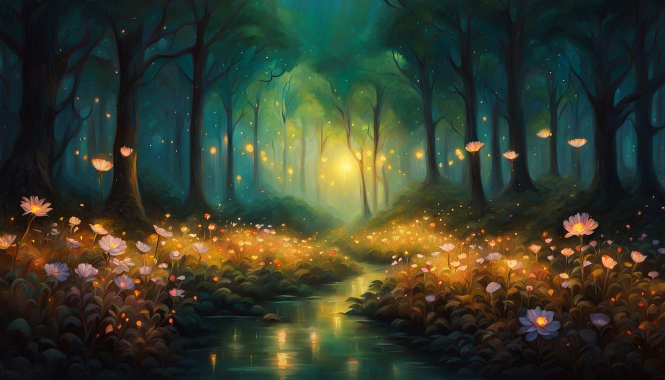Ethereal Forest with Glowing Lights and Flowers