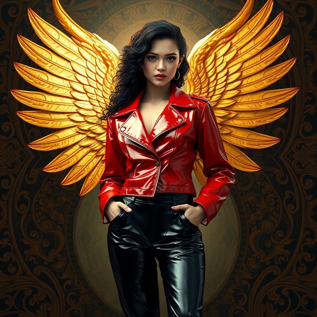 Woman with Red Jacket and Golden Wings in Art Nouveau Style