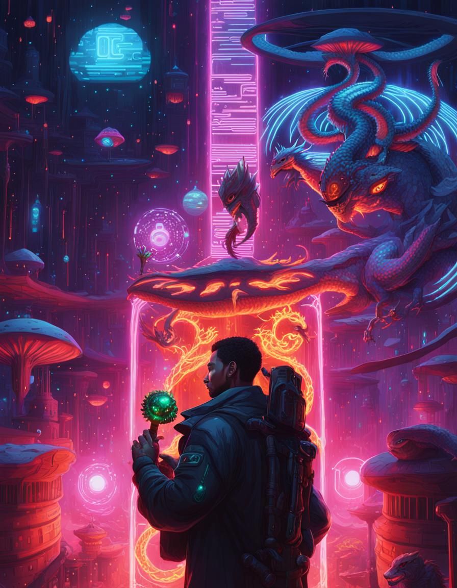 Cyberpunk Bio-Cyborg with Mushroom and Dragon
