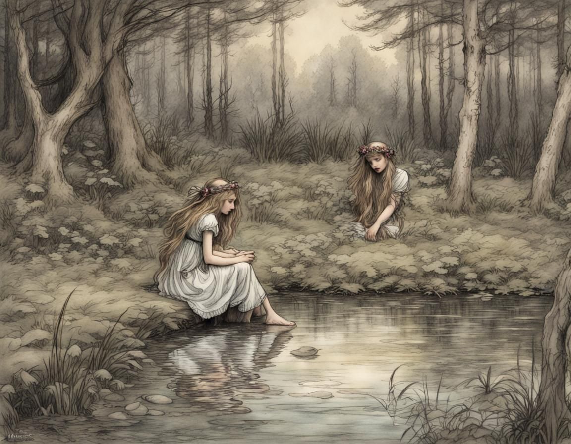 Fairies flitting around a pond in the forest #1
