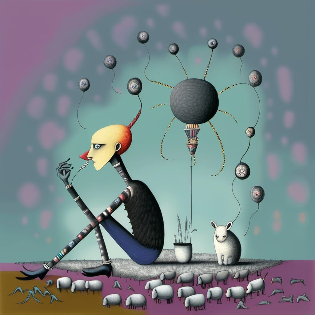 Sideview a Surreal sitting  boy/sheep/wolve-fusion smoking a...