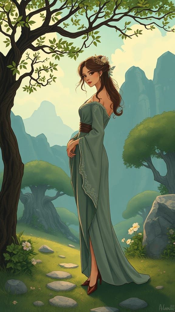 Elegant Woman in Serene Landscape, Anime Style