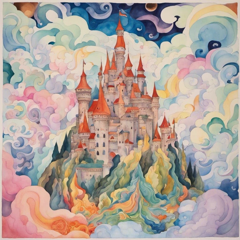 Surreal Castle in Vibrant Watercolour Painting