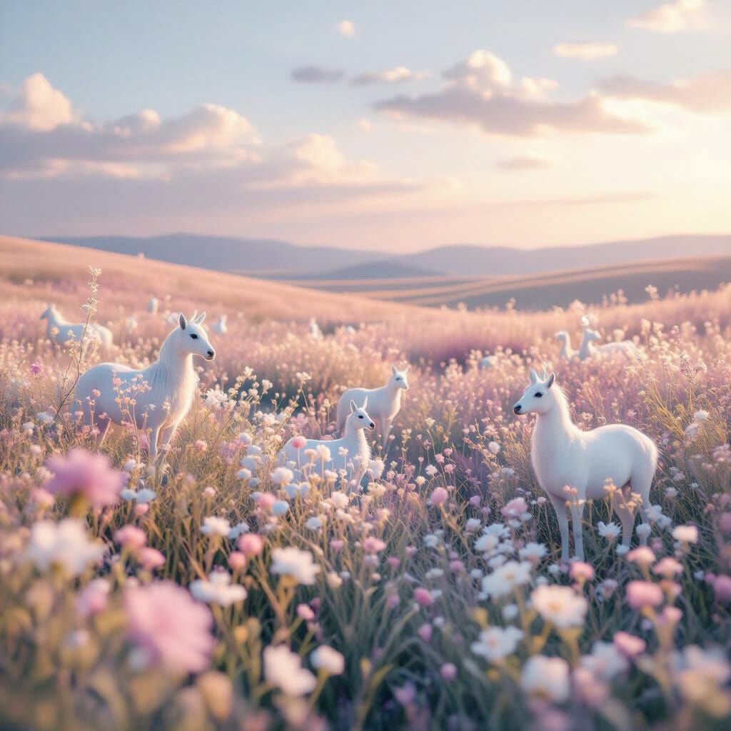 Mystical Field with Ethereal Fauna in Pastel Colors