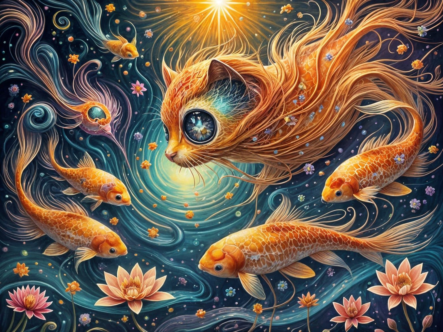 Surreal Cat Face with Colorful Koi Pond
