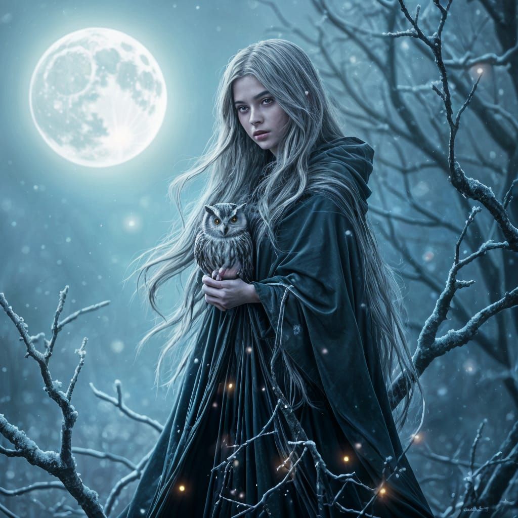 Ethereal Witch Figure in Frosty Landscape