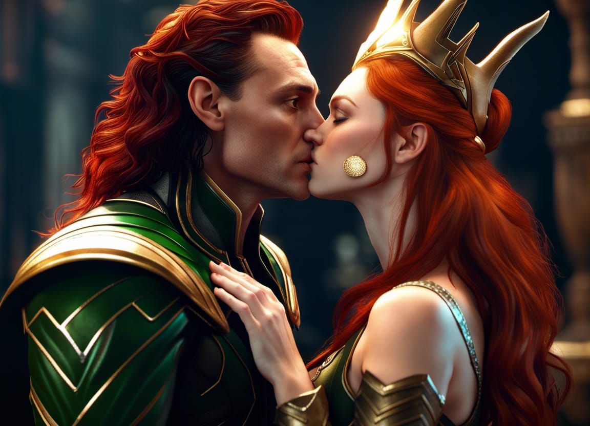 Loki and Redhead Princess Kiss in 3D Cinematic Style