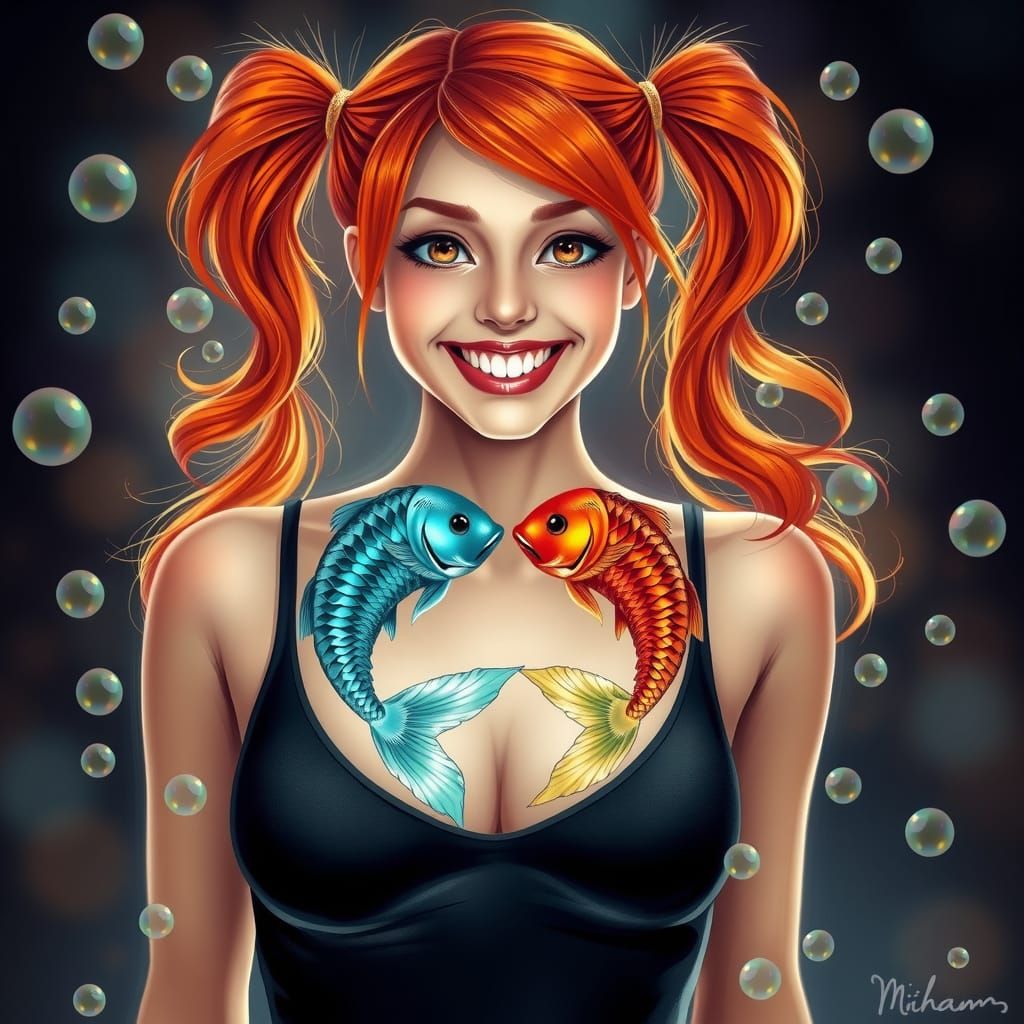 Vibrant Pisces Goddess with Shimmering Fish Yin-Yang Symbol