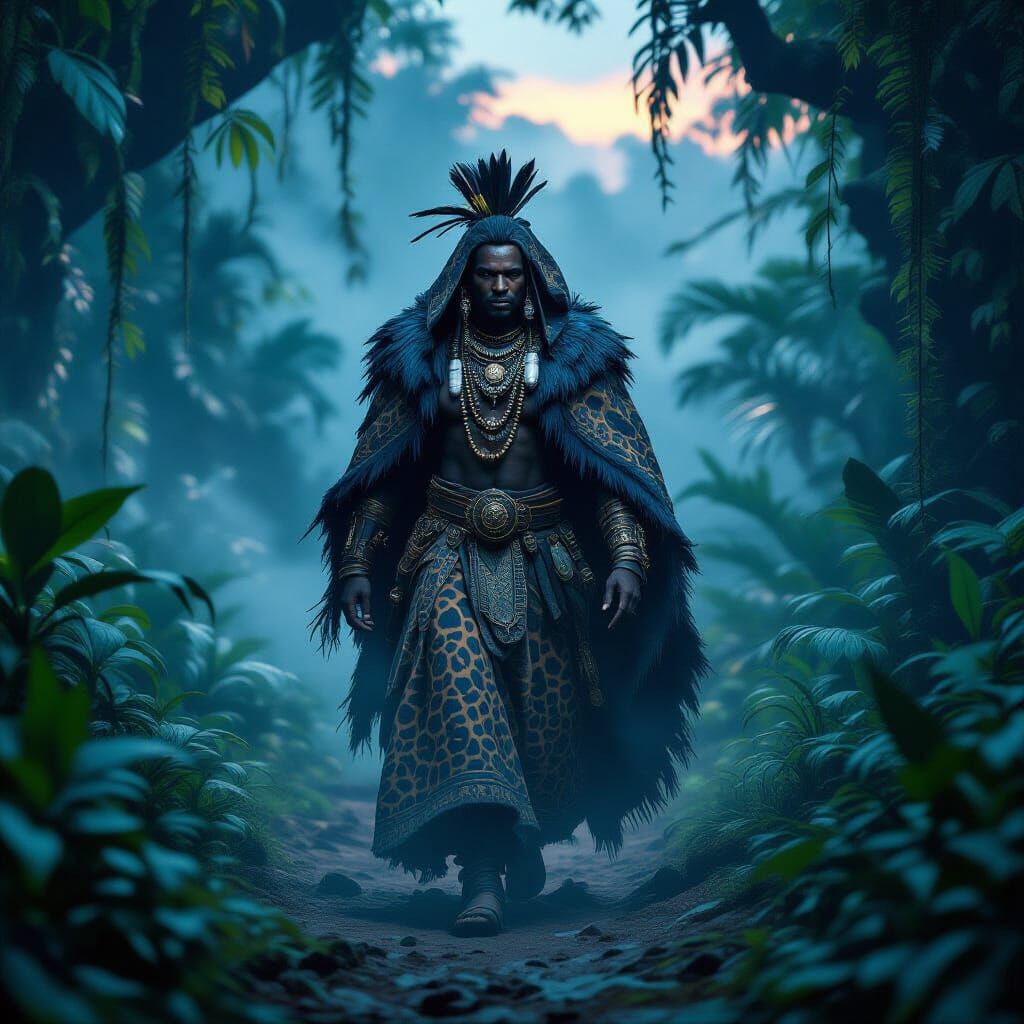 African Shaman in Jaguar Cloak in Mystical Jungle