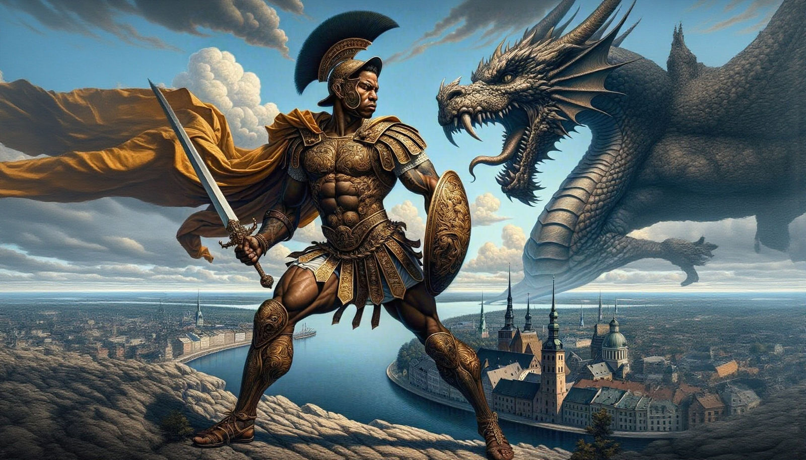 Roman Gladiator Faces Dragon in Epic Renaissance Battle