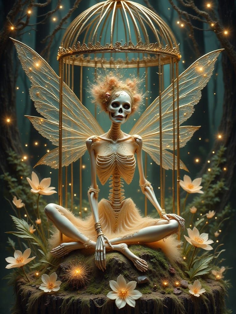 Gothic Skeleton Fairy in Golden Cage, Dark Fantasy Concept A...