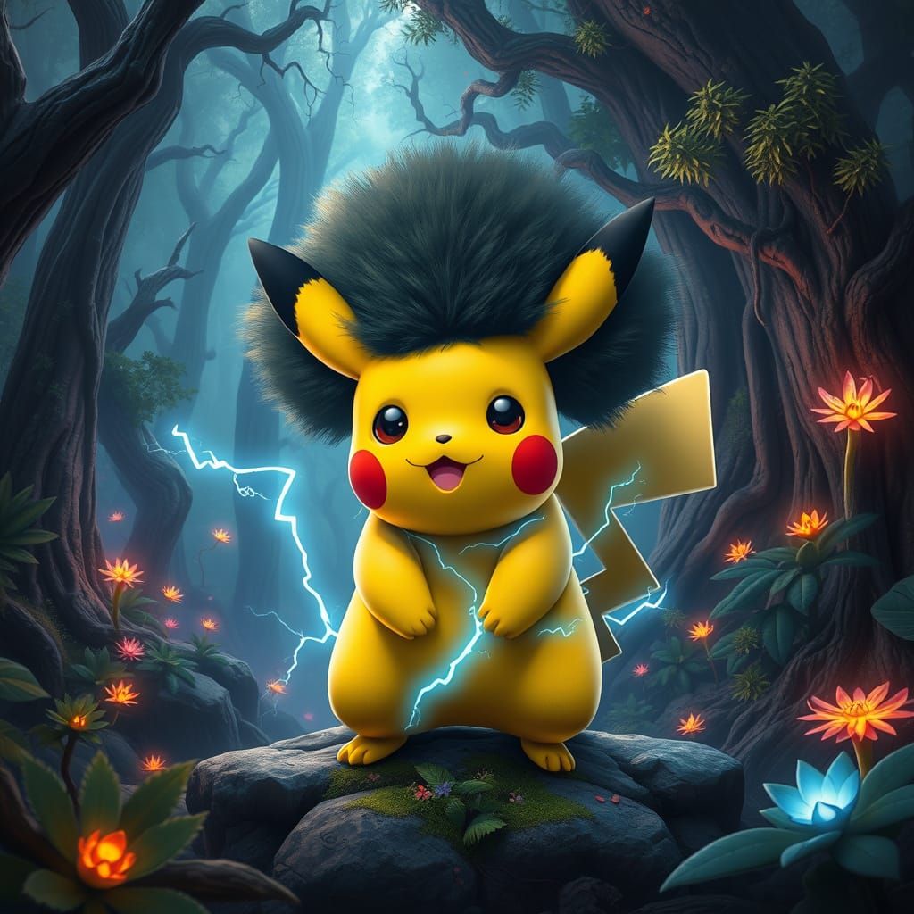 Electric Fantasy: Vibrant Pikachu in Mystical Forest