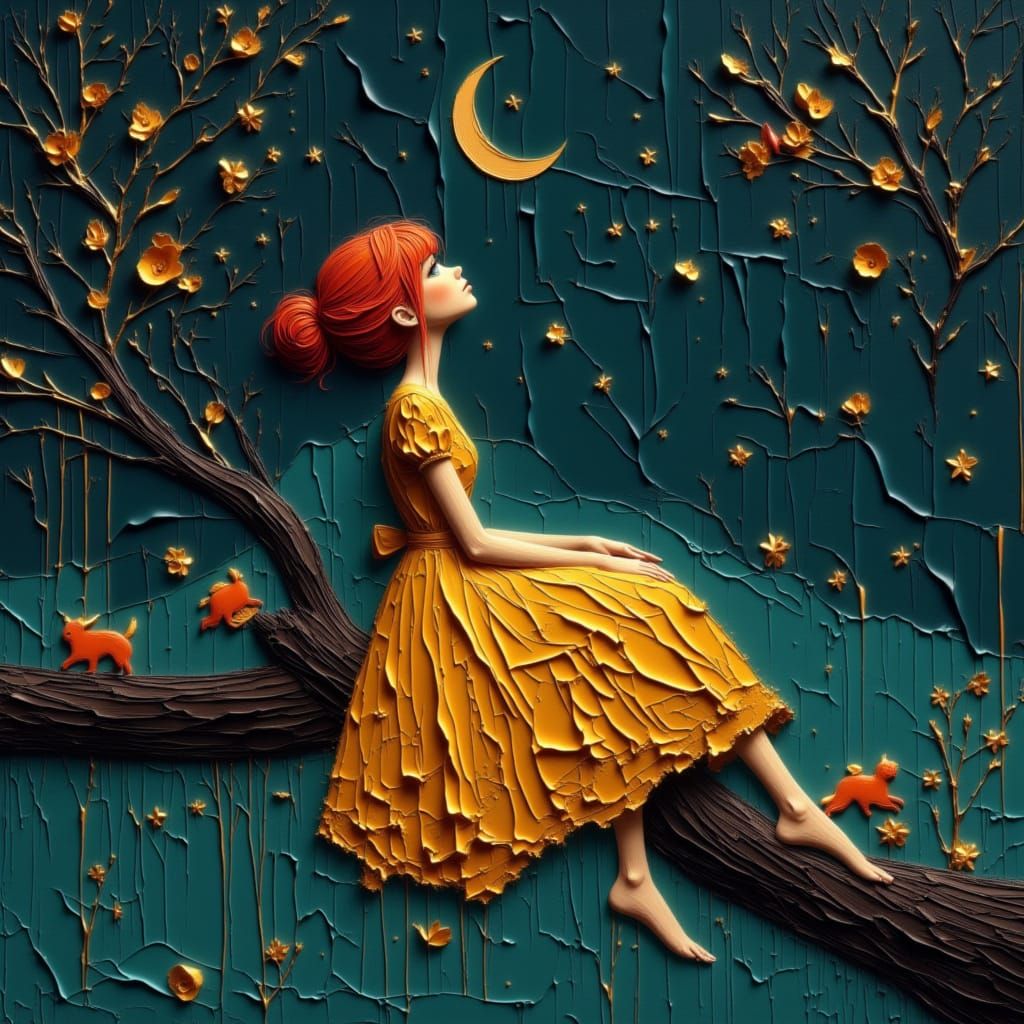 Woman Gazing at Starry Night Sky on Tree Branch
