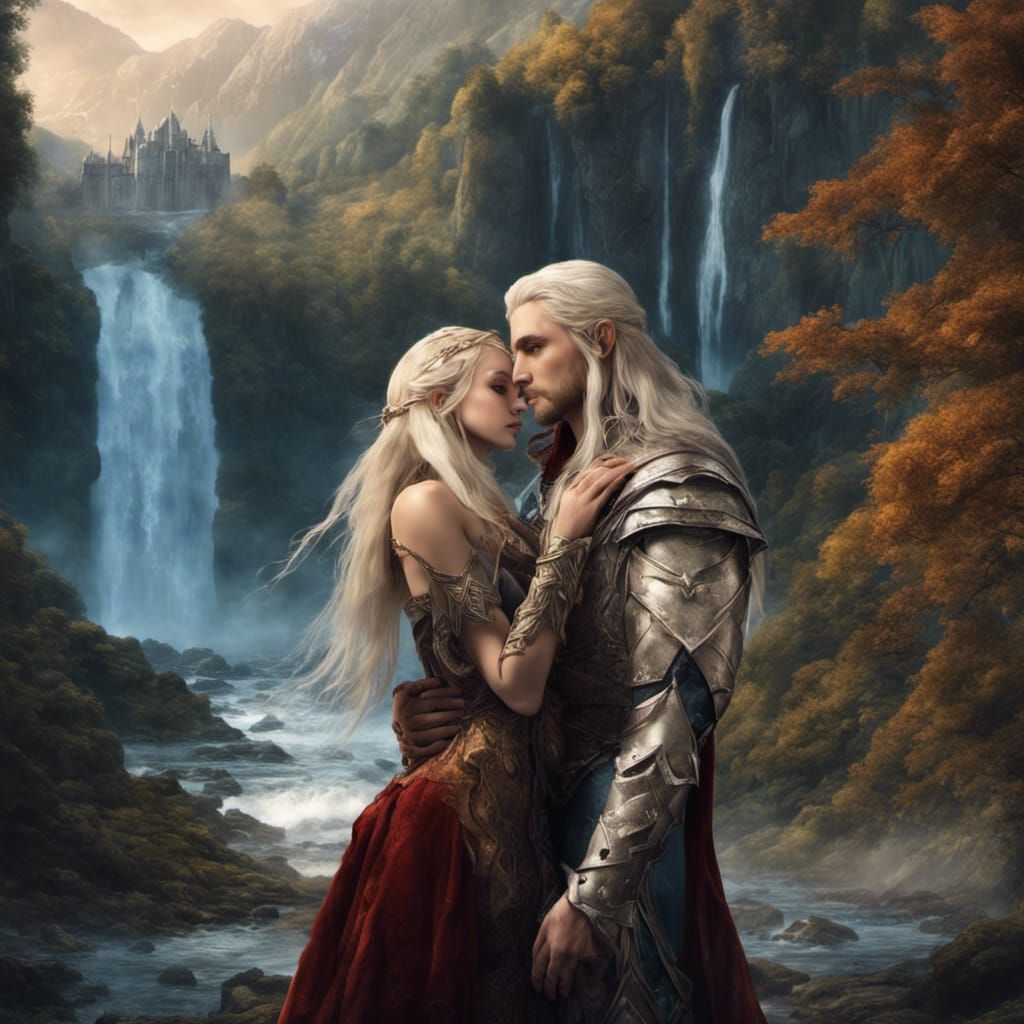 Fantasy Elf Maiden and Prince Embrace, Detailed Art