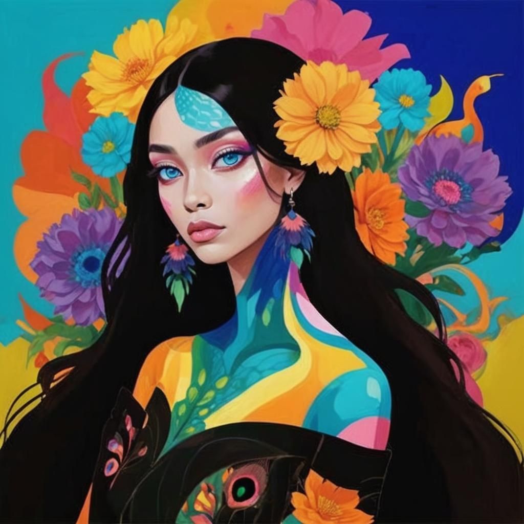 Dragon Peacock Woman in Digital Pop Art Style