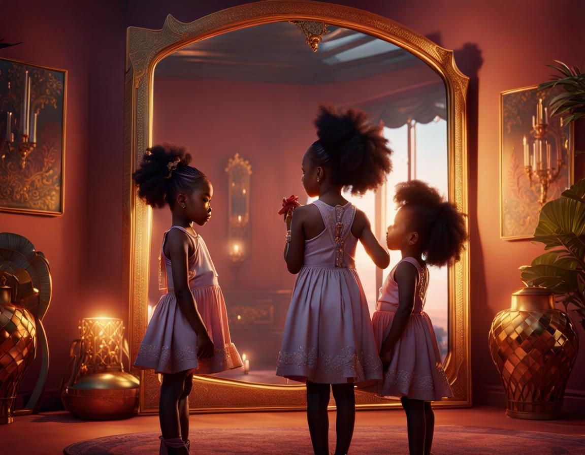 Toddlers and Elegant Mirror, Detailed Digital Painting