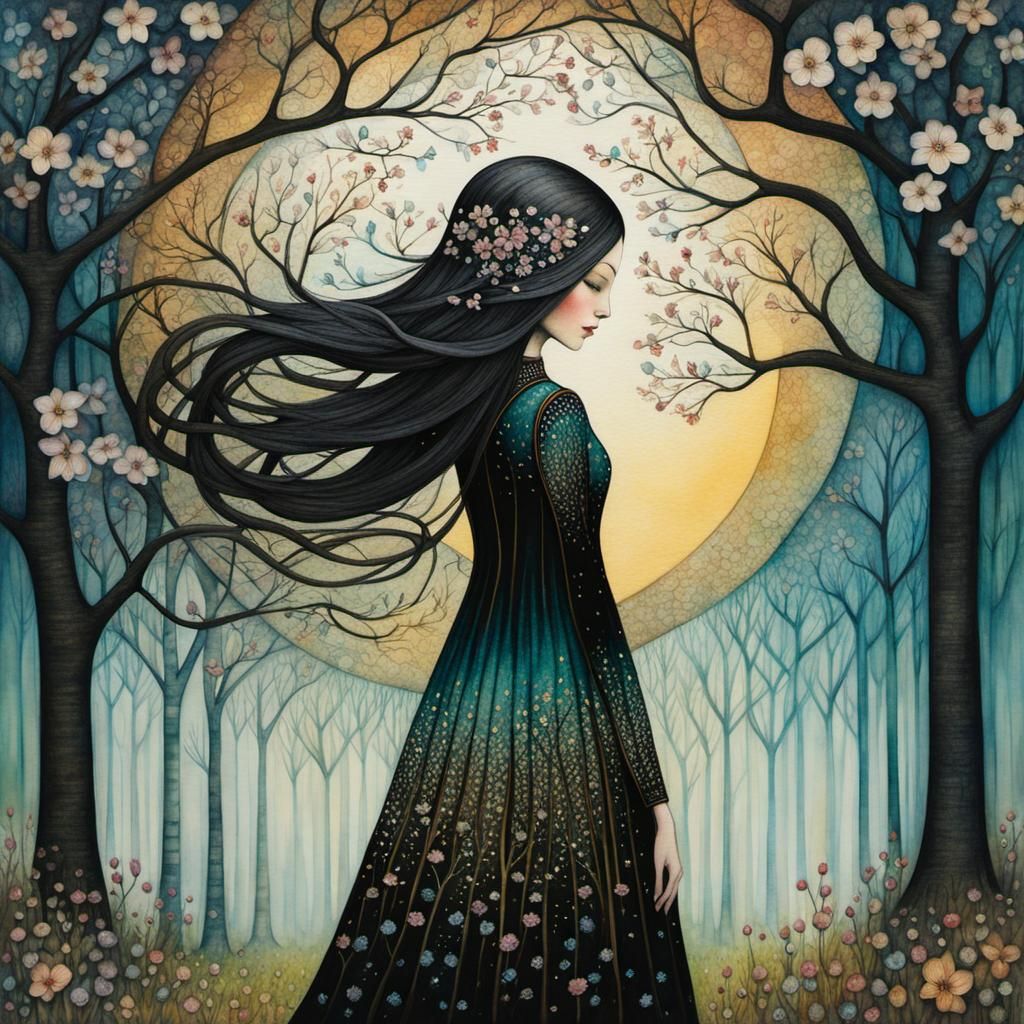 Transparent Girl and Black Blossom Tree in Art Brut Style