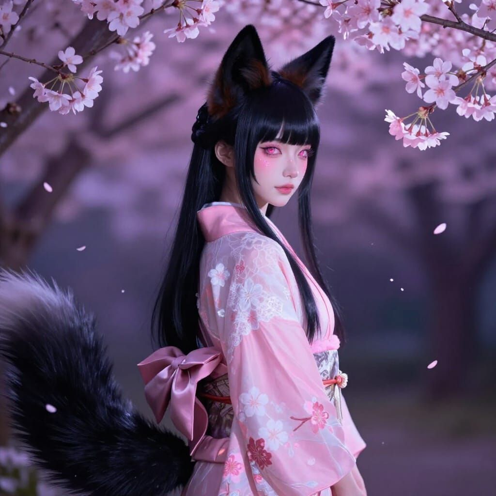 Mystical Fox Spirit Woman in Sakura Garden