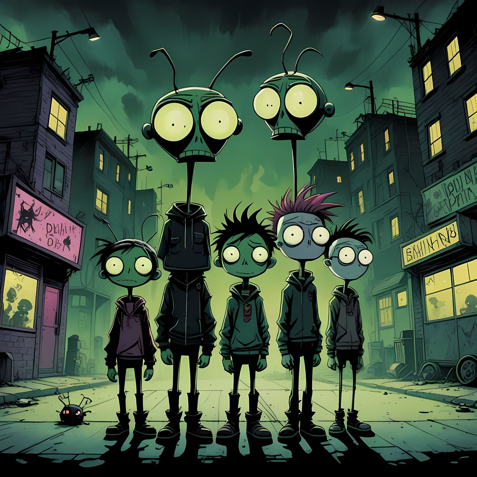 Group Waiting at a Bus Stop in a Quirky, Cartoonish Style