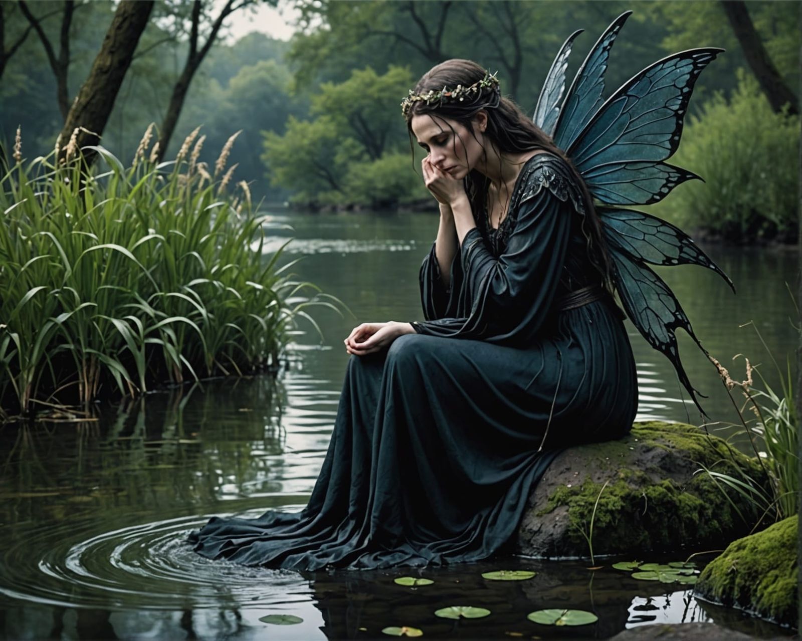 Mourning Dark Fairy by the Water's Edge