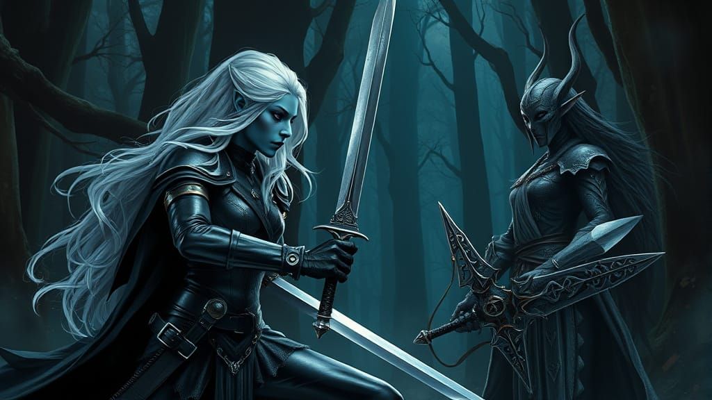 Dark Fantasy Warrior Faceoff in Ancient Forest