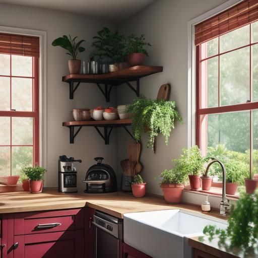 Peach and Burgundy Kitchen with Natural Lighting