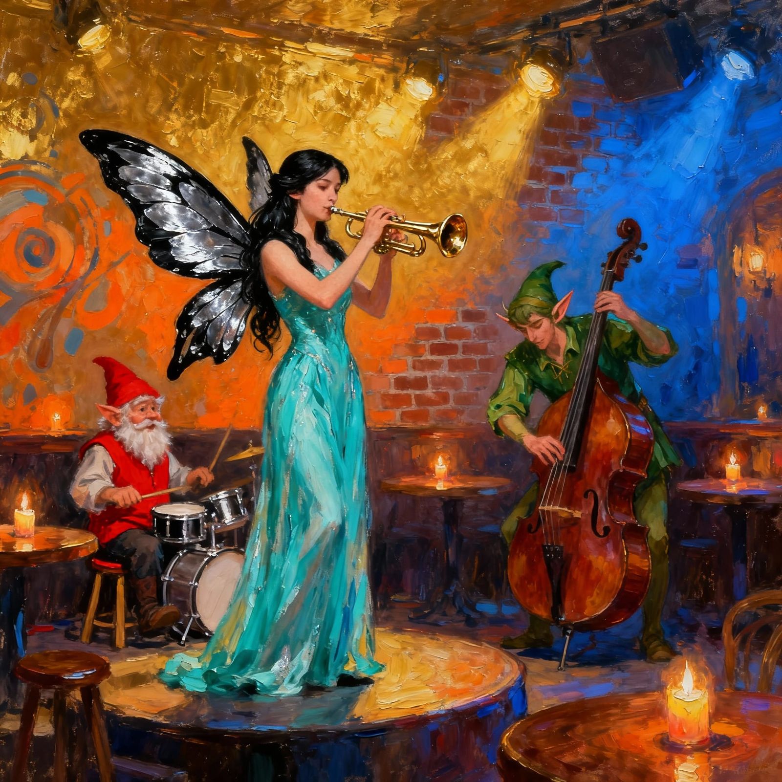 Fairy Jazz Band in Impressionistic Oil Painting Style