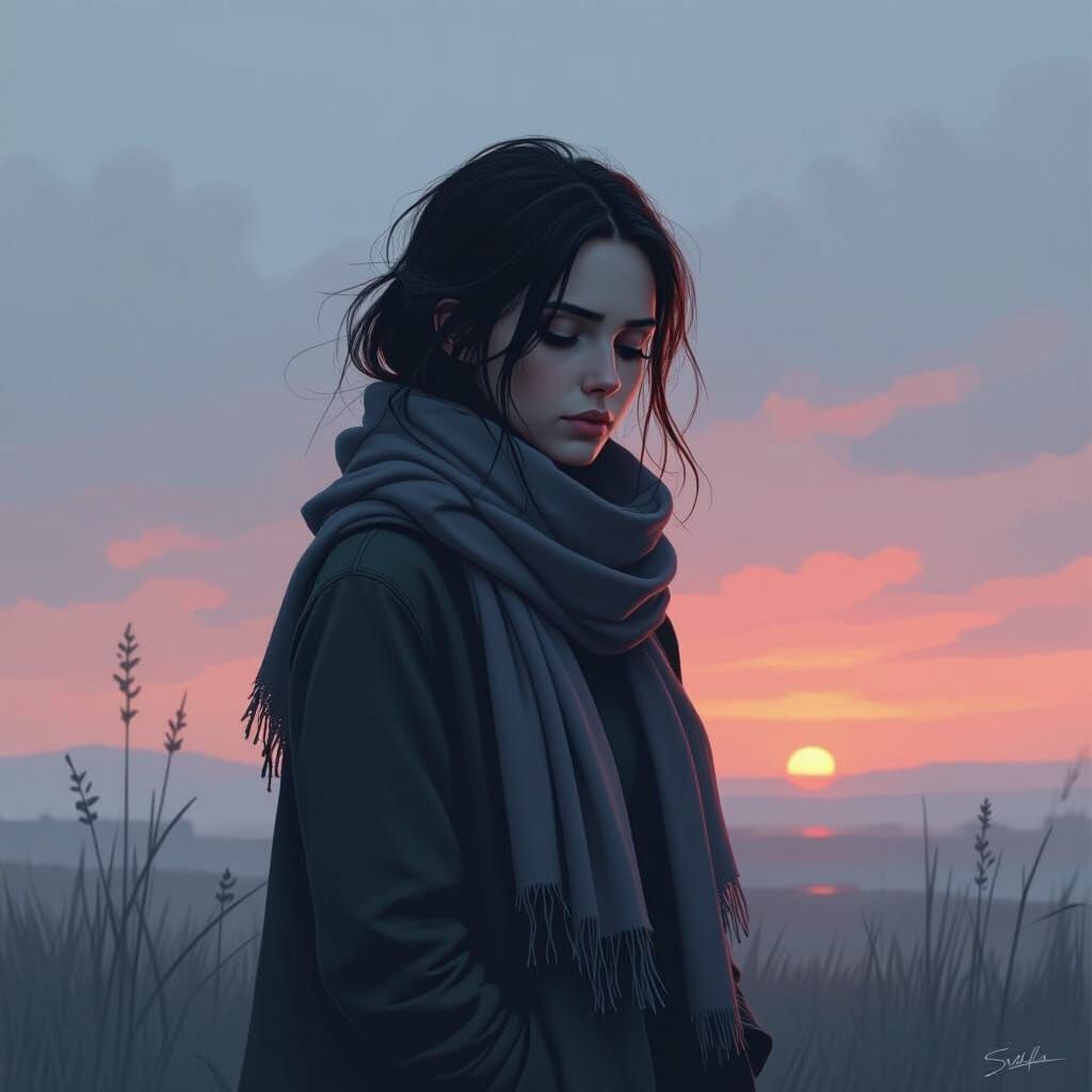Melancholic Woman in Fading Twilight Shadows