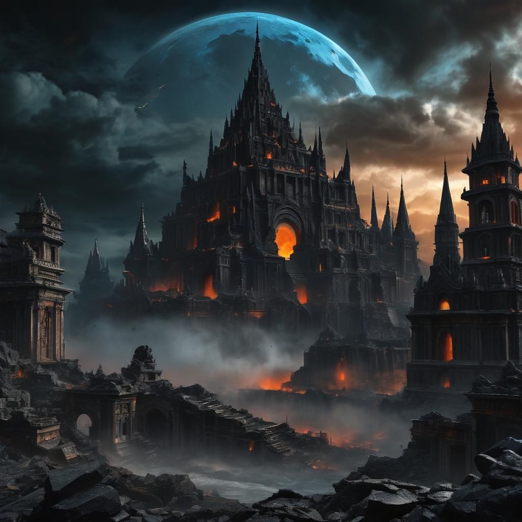 Hellish Typhoon Under Black Moon: Dark Fantasy Matte Paintin...