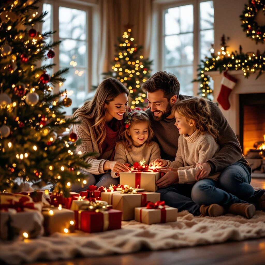 Photorealistic Christmas Family Opening Presents