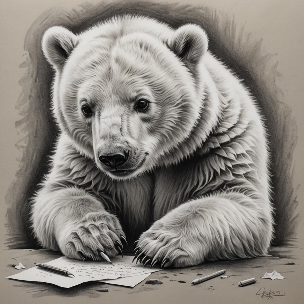 Hyperdetailed Charcoal Drawing of Cub Polar Bear