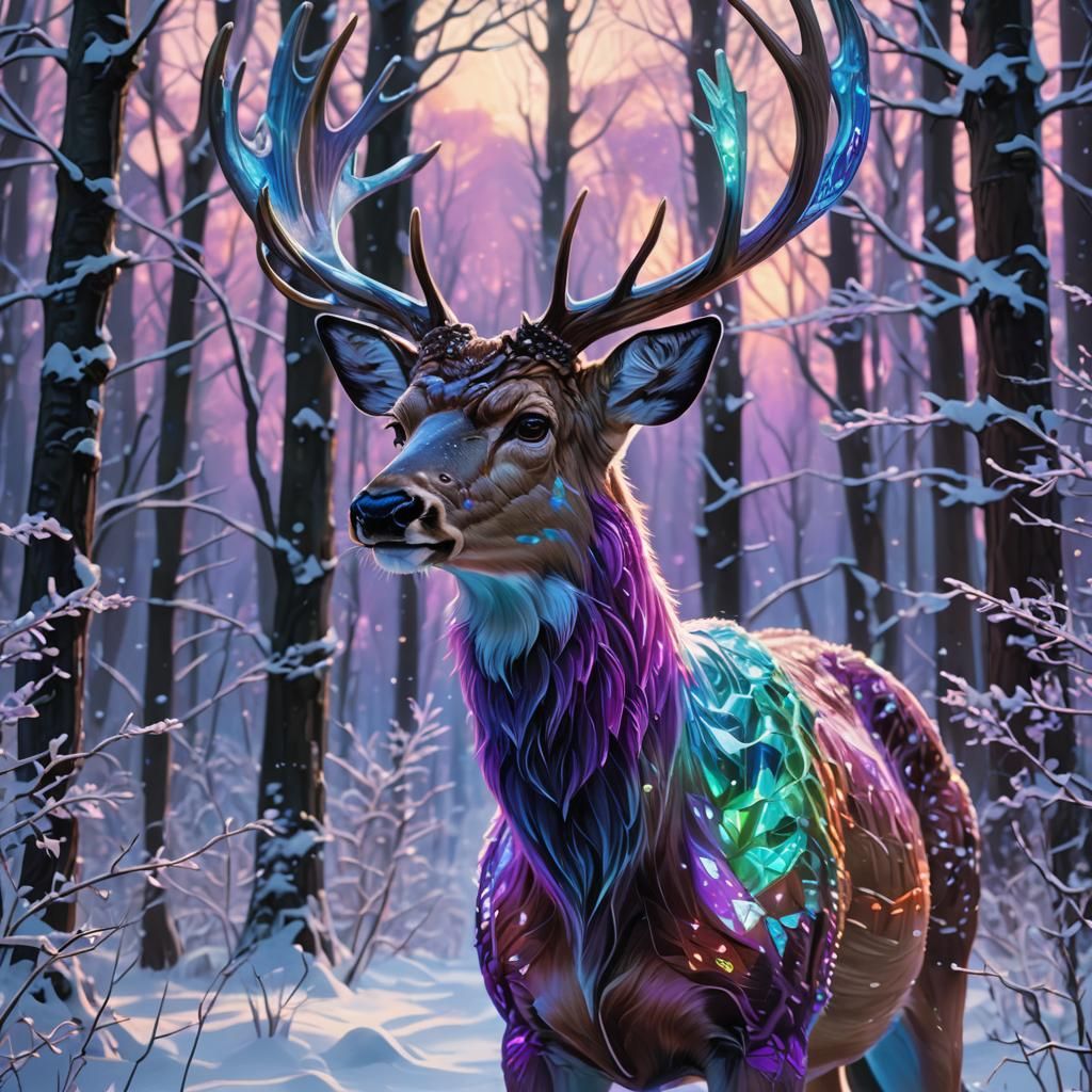 Hyperrealistic Winter Forest Hologram of a Deer in Aurora Bo...