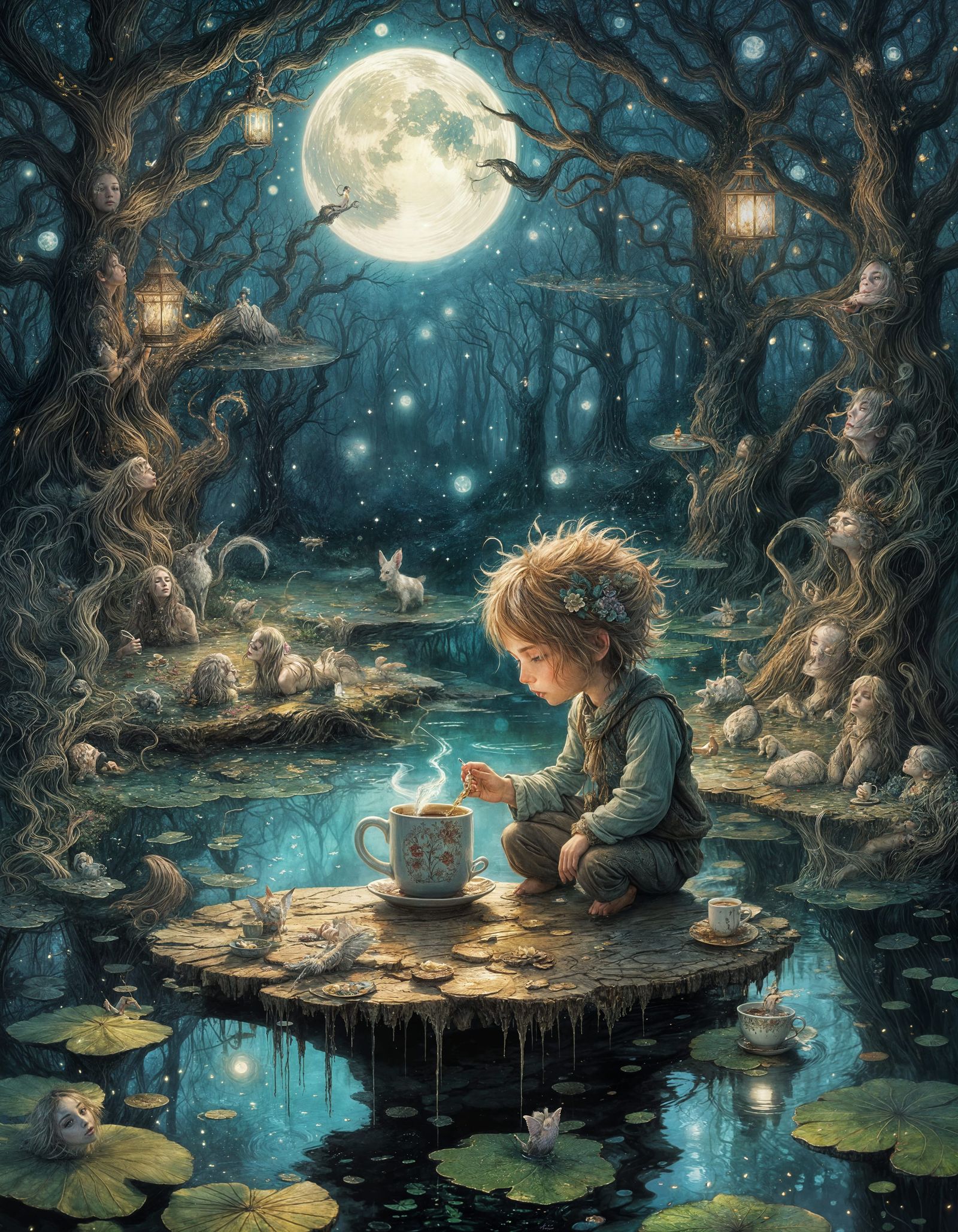 Ornate Chibi Water Sprite Sips Coffee in Magical Forest Shop