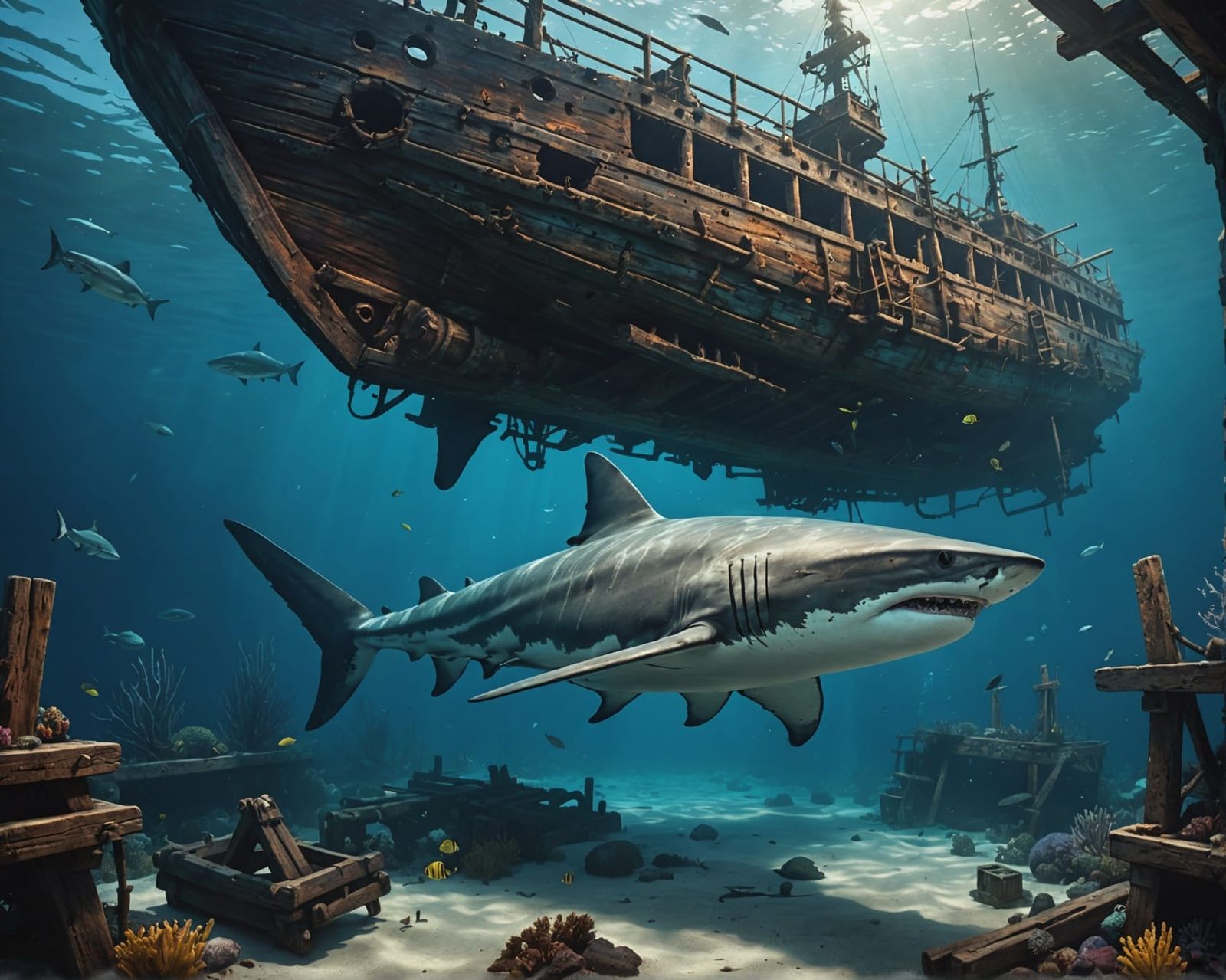 Shark and Shipwreck: Realistic Oil Painting