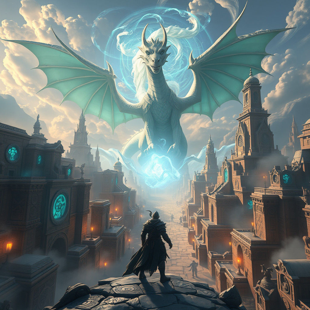 Mystical Warrior and Dragon in Ancient City