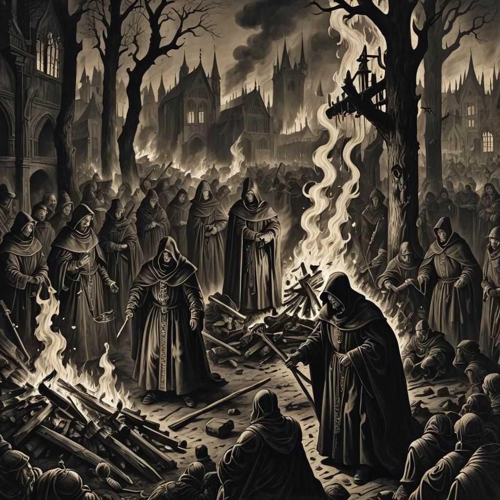 Medieval Priests Burning Witches: Hatch Drawing in Black and...