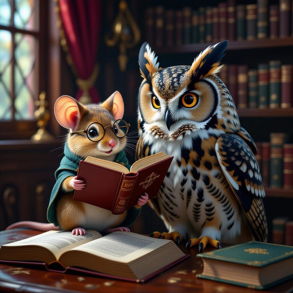Mouse and Owl in Victorian Library Matte Painting