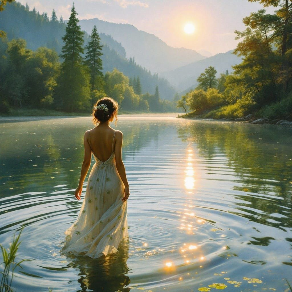 Woman in Sundress by Lake, Bierstadt Style