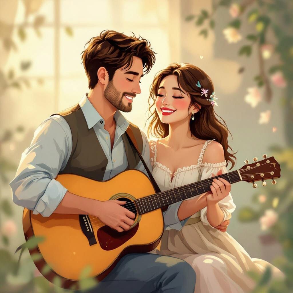 Man Serenades Woman With Guitar In Romantic Scene